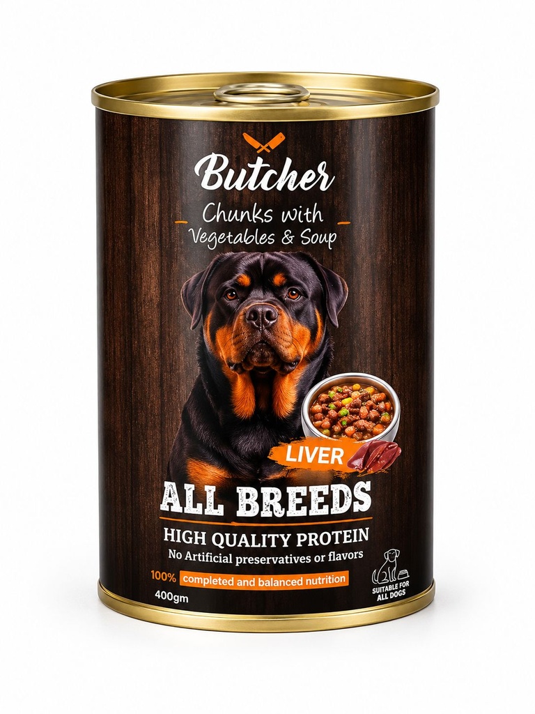 Wet Food Butcher dog  Butcher Can Food Chunks Vegs &Soup Adult Dog Liver  400 GM - 24 PCS / Packet