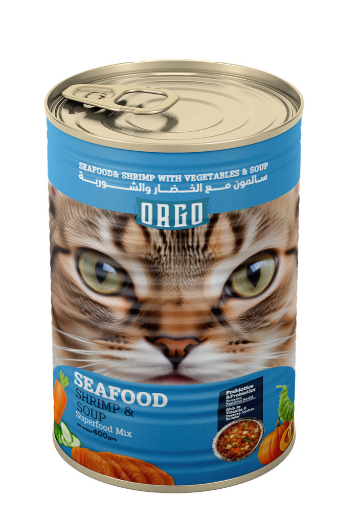 Wet Food orgo cat  Orgo Can Food For Cat Sea Food & Shrimb With Veg & Soup 400 GM - 6 PCS / Packet