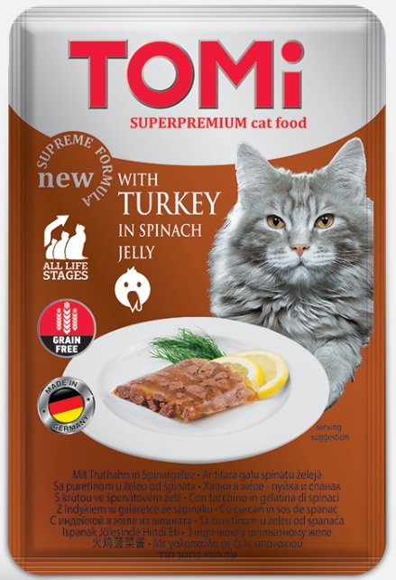Tomi - Cat Food - For Adult - Pouch 100 gm - Turkey In Spinach Jelly