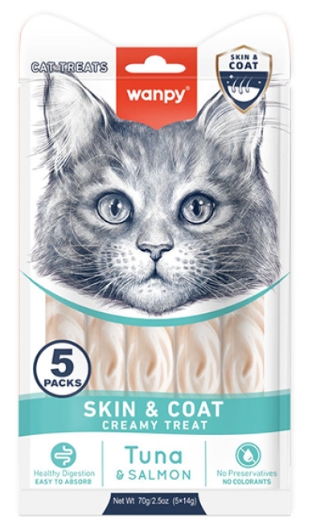 Wanpy - Cat Treat - Cream Treat - Pouch 70 gm - Skin & Coat - With Tuna & Salmon